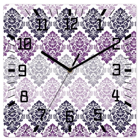 Wall Clock Floral Damask Pattern Operated Square Clocks Wooden Silent Non-Ticking Wallclock 10 Inch Ombre Purple Luxury Wood Wall Clock for Living Room Bedroom Office Shool Home Decor