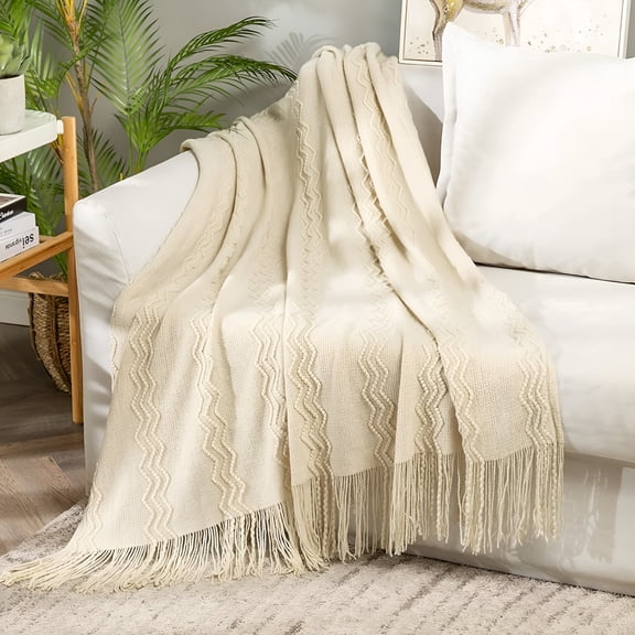 AUQ Knitted Beige Throw Blanket Soft Sofa Knit Blanket for Couch 50 x 60"es,Solid Cozy Lightweight Wave Pattern Decorative Blankets with Tassels for Women,Kids and Babies