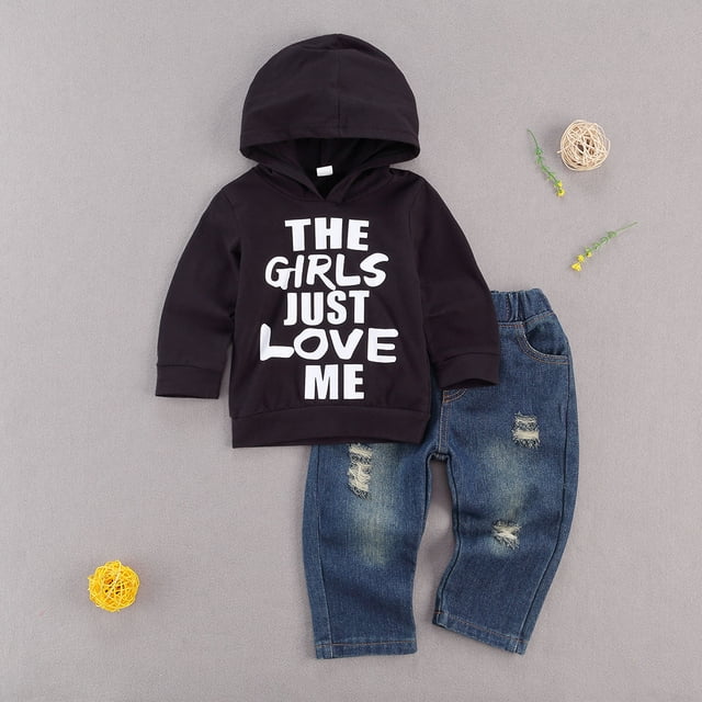 Pull à Capuche pour Garçon + Jeans, Imprimé Lettre, Design Trou Élastique Vêtements de Printemps