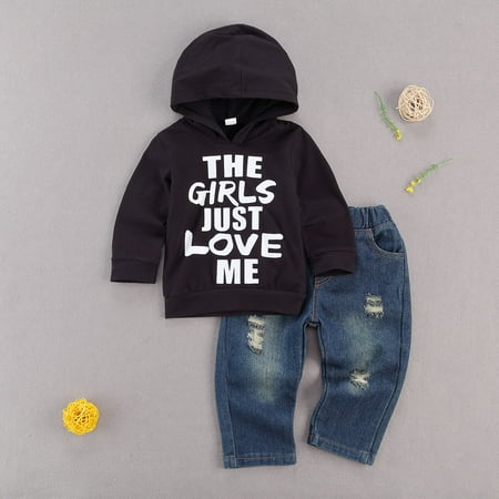 

Kiapeise Baby Boy Hooded Sweater + Jeans Letter Print Elastic Waist Hole Design