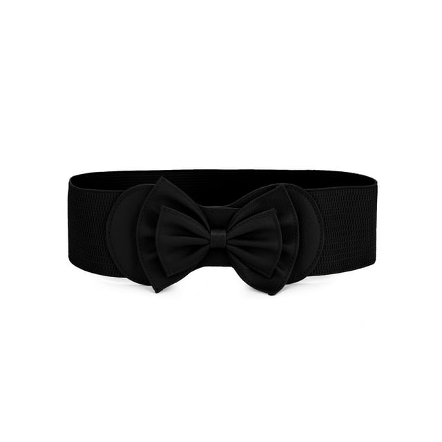 Cinturón elástico con botón a presión y adorno de lazo Allegra K para mujer, color negro, talla única