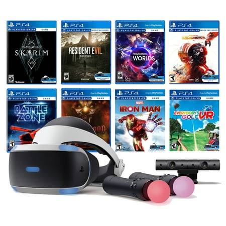 PlayStation VR 11-In-1 Deluxe Bundle PS4 & PS5 Compatible: VR Headset, Camera, Move Motion Controllers, Iron Man, Star Wars Squadrons, Skyrim, Resident Evil 7, Battlezone, PSVR World, Until Dawn, Golf