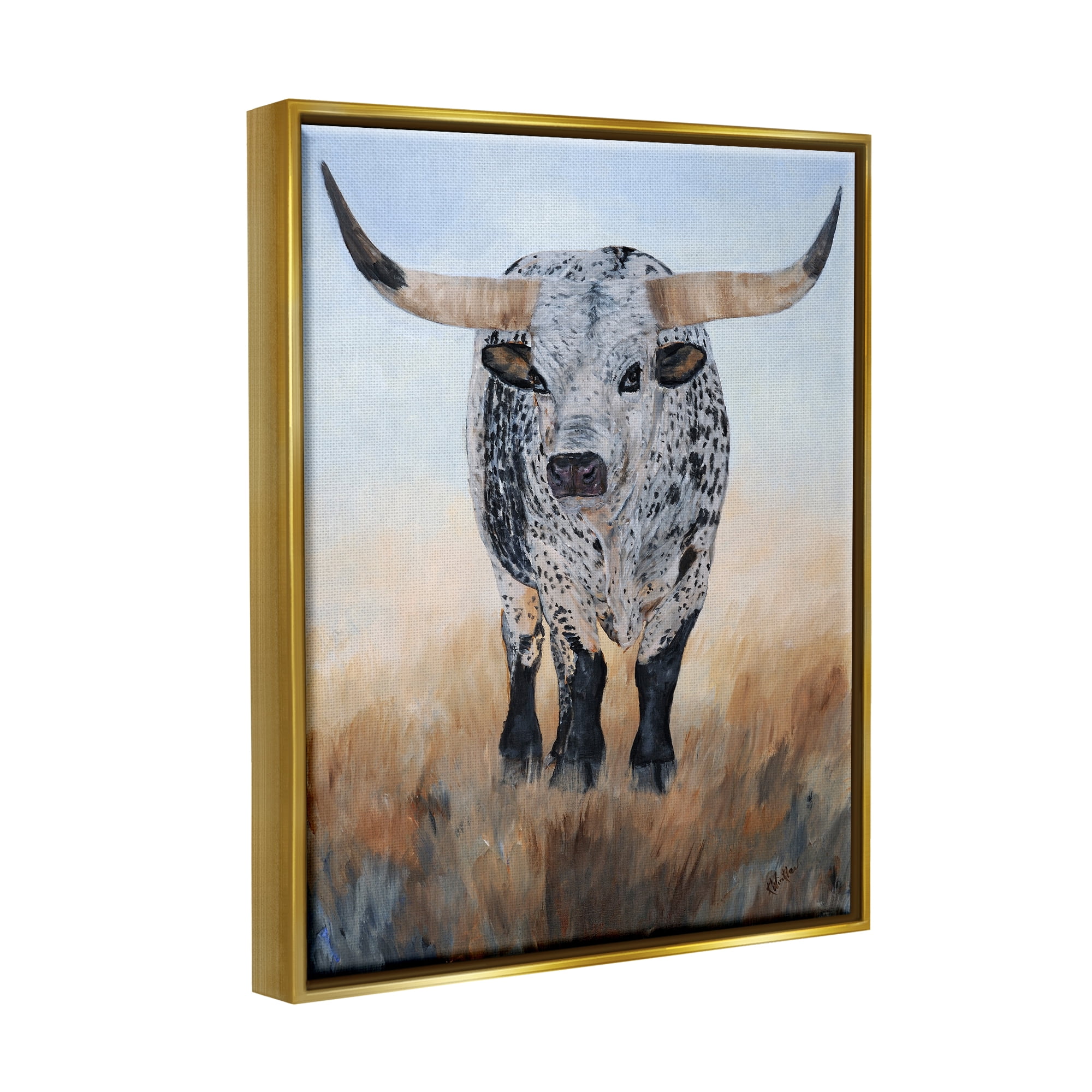 Stupell Rural Longhorn Cattle Animal Animals & Insects Painting Gold Floater Framed Art Print Wall Art