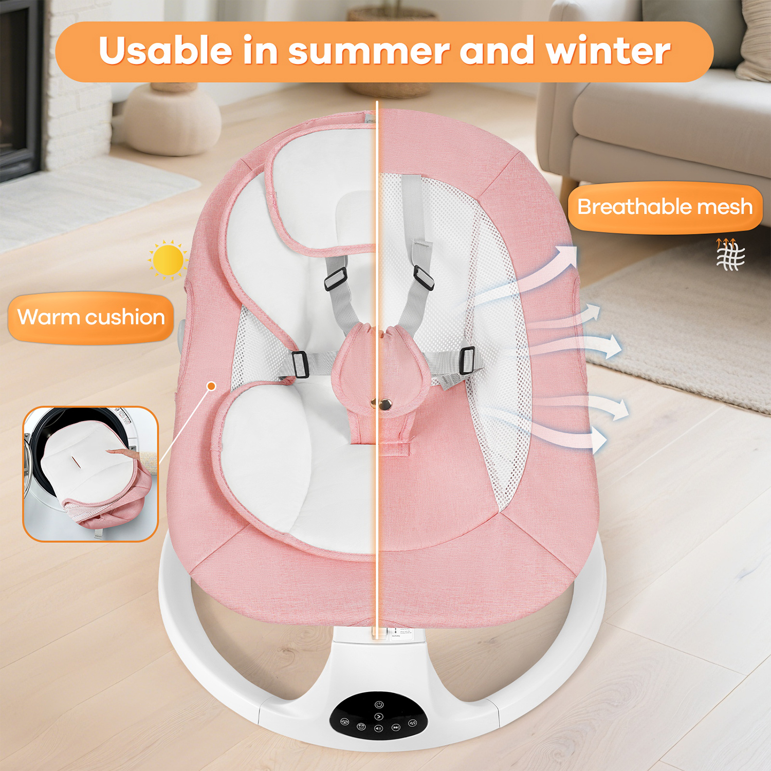 Baby Swing for Infants, Unisex Baby Bouncer, Bluetooth Music for 0-18 months, 5 Sway Speeds, 10 Lullabies for All Seasons,Pink