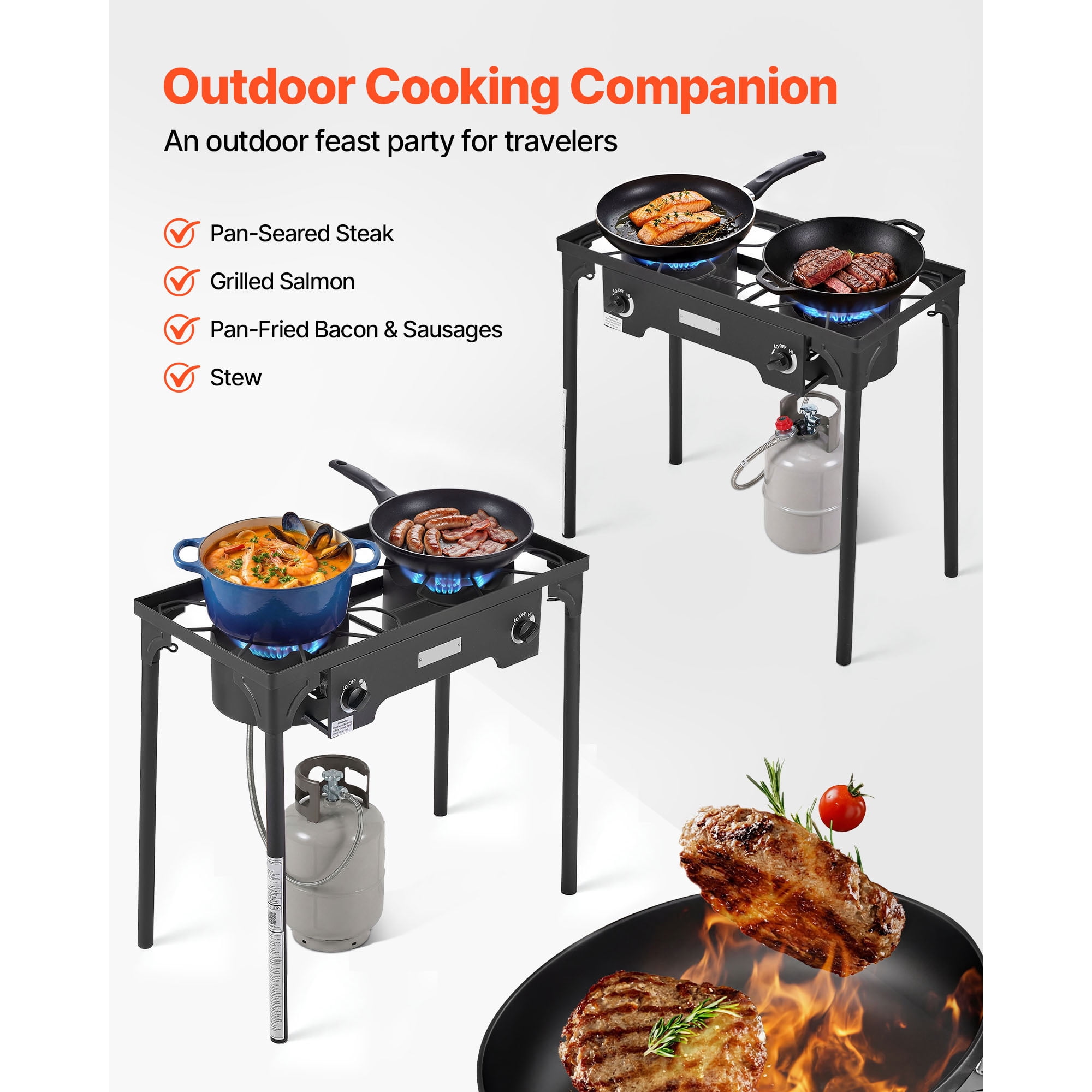 KFFKFF 2 Burner Outdoor Propane Gas Stove, 150,000 BTU LPG Camping Cooker, Durable Carbon Steel with Wind Shield, Tall Stand & Regulator, Ideal for BBQ, Camping, Patio, and Backyard Use