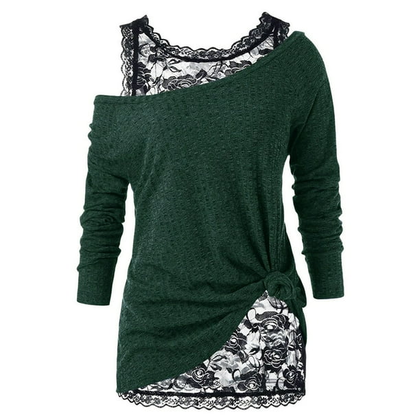 Tops de Mujer Camisas de Manga Larga Otoño Cuello Redondo Fondo de Encaje Camisa de Cuello Redondo Conjunto de Dos Piezas Recreativo Odeerbi ODB149742