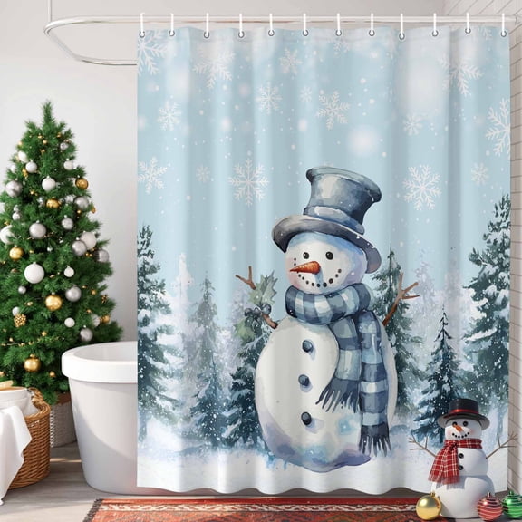 Christmas Snowman Shower Curtain, 66" x 72", Winter Tree Snowflakes Blue White Waterproof Bathroom Curtain Washable Shower Curtain Set with 12 Hooks
