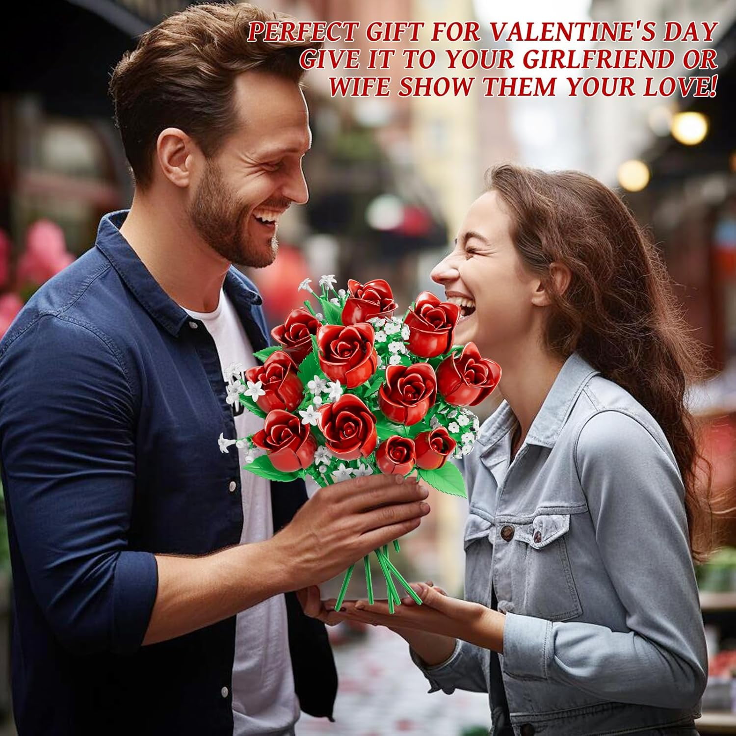 OKKIDY Red Rose Flowers Bouquet Building Kit, Compatible with Lego, 15 ABS Material Artificial Flowers, Forever Rose Toy Valentine's Day Gift for Women Girls Adults Kids 6+, No Vase