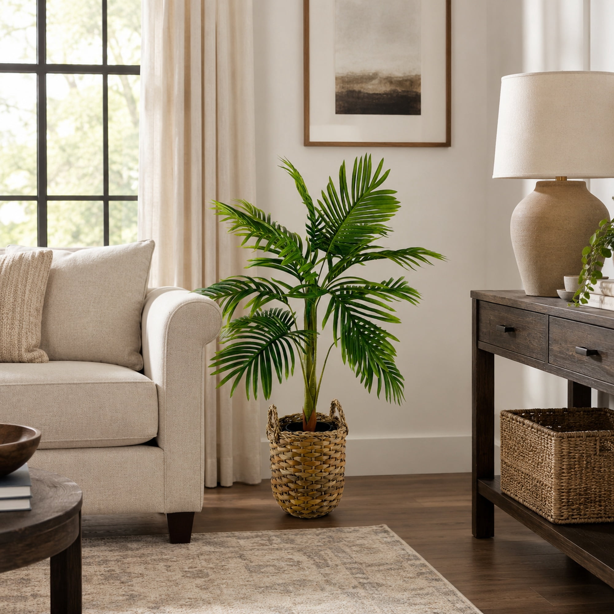 Artificial Plants, 3.3ft Artificial Palm Plant in Woven Handled Basket by LCG Florals, Faux Designer Fake Palm Tree Indoor for Home Décor Office Porch Patio Living Room Decor