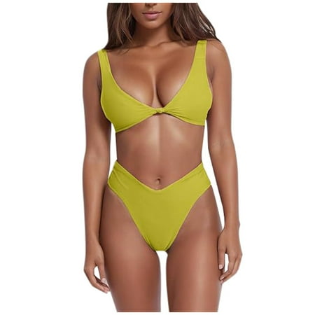 XUELUO Womens Bikinis Solid Color Strappy V Neck Bra And High Waist Panty Set Fashion Swimwears Activewear