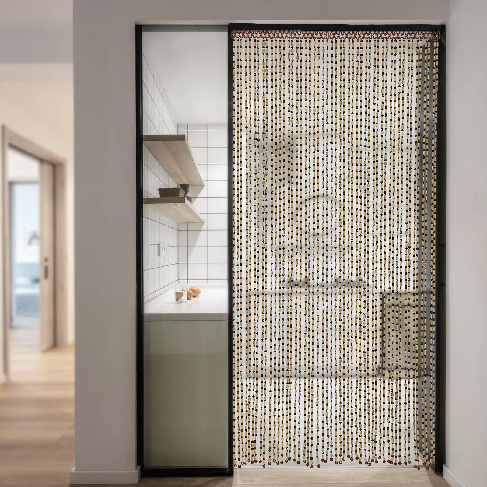 74.8in Natural Wood Bamboo Beaded Curtain Wooden Hanging Room Divider Decorative