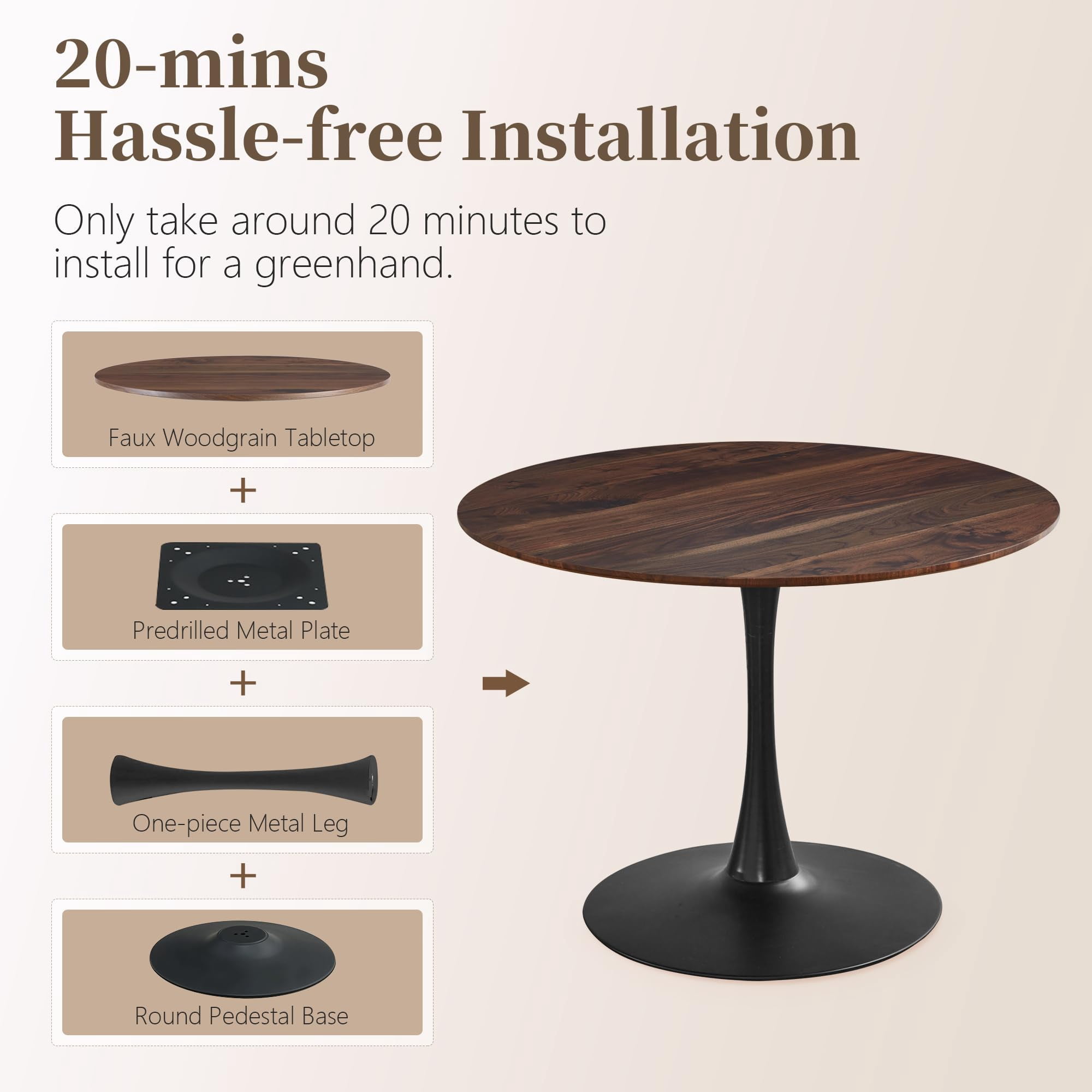 Miniyam 42" Round Pedestal Dining Table for 4-6, Small Kitchen Table with Wood Top, Walnut
