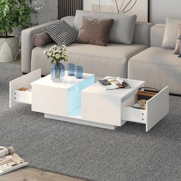 Hironpal LED Coffee Table with Storage,40" Modern Acrylic Center Table with Light, Wood Living Room Center Table,White