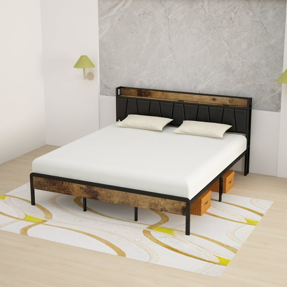 ULEW | Cama King con Marco Metálico, Luz LED Integrada y Tapizado en PU | Estructura de MDF con Espuma | Diseño Moderno y Cómodo | Tamaño 2192x1935x1030mm
