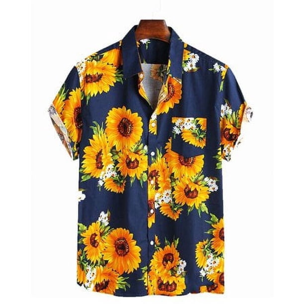 ALSLIAO - Camiseta hawaiana de manga corta para hombre, estilo retro, con diseño de girasoles, estilo playero, informal, holgada, color azul, talla M
