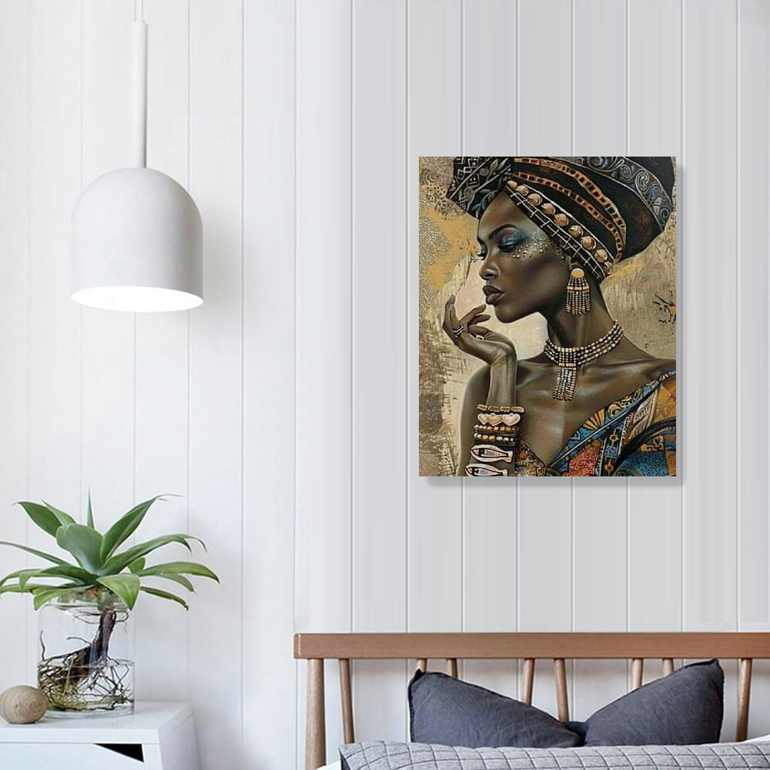 Shiartex African American Wall Art, Canvas Painting Black And Golden Woman Portrait Abstract Poster Artwork Modern Home Decorations Framed Ready To Hang For Living Room Bedroom 16x20 in/12x16 in