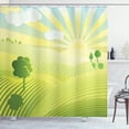 thumbnail image 1 of Spring Shower Curtain, Rising Sun Behind Mountains with Beamed Sunshine Lightens up the Hills, Fabric Bathroom Set with Hooks, 69W X 84L Inches Extra Long, Apple Green and Mustard, by Ambesonne, 1 of 3