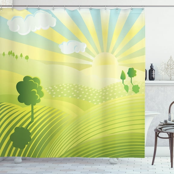 Spring Shower Curtain, Rising Sun Behind Mountains with Beamed Sunshine Lightens up the Hills, Fabric Bathroom Set with Hooks, 69W X 84L Inches Extra Long, Apple Green and Mustard, by Ambesonne