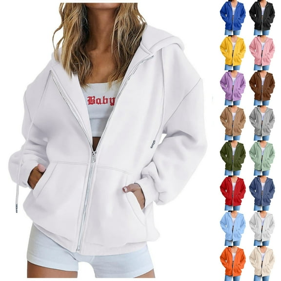 QUINDOS Zip up Womens Hoodies with Zippers Zipper Jacket Plus Size Womens Sweatshirts and Hoodies Casual Crew Neck Long Sleeve Plain Pullover Tops