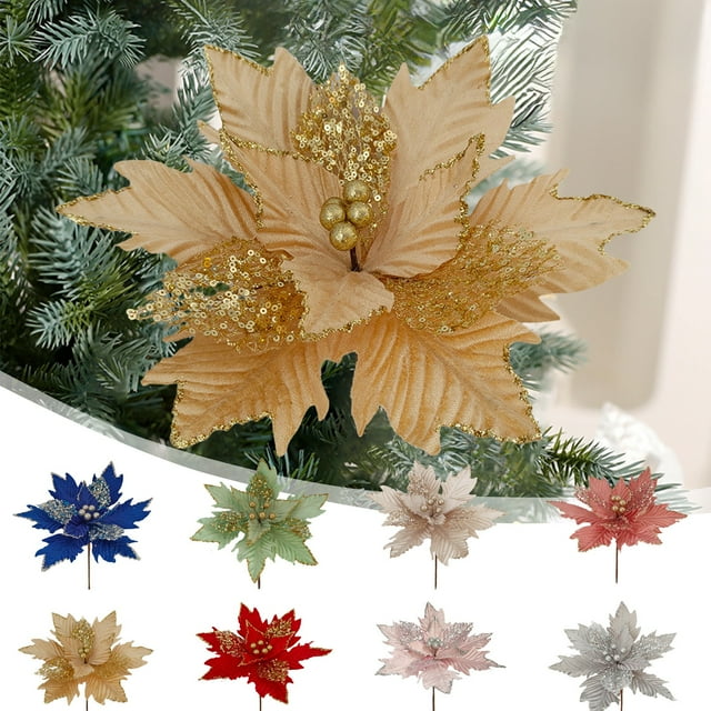 1 Pieza de Decoración para Árbol de Navidad | Flores Artificiales de Tela | Decoración Navideña Realista para Bodas, Fiestas y Salones | 34 Cm En Rojo, Dorado, Plateado y Más Colores