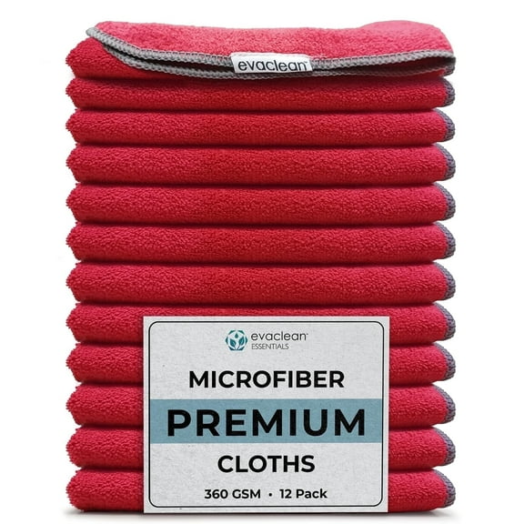 EvaClean Premium Microfiber Cleaning Cloths 16”x16” (Red) - Reusable, Washable, Non-Scratch Towels for Cleaning, Dusting, Polishing, 12-Pack