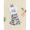 thumbnail image 5 of Aojekbee Baby Girl 1st Birthday Outfit Letter Print Short Sleeve Romper with Cow Pattern Flare Pants and Headband, 5 of 10