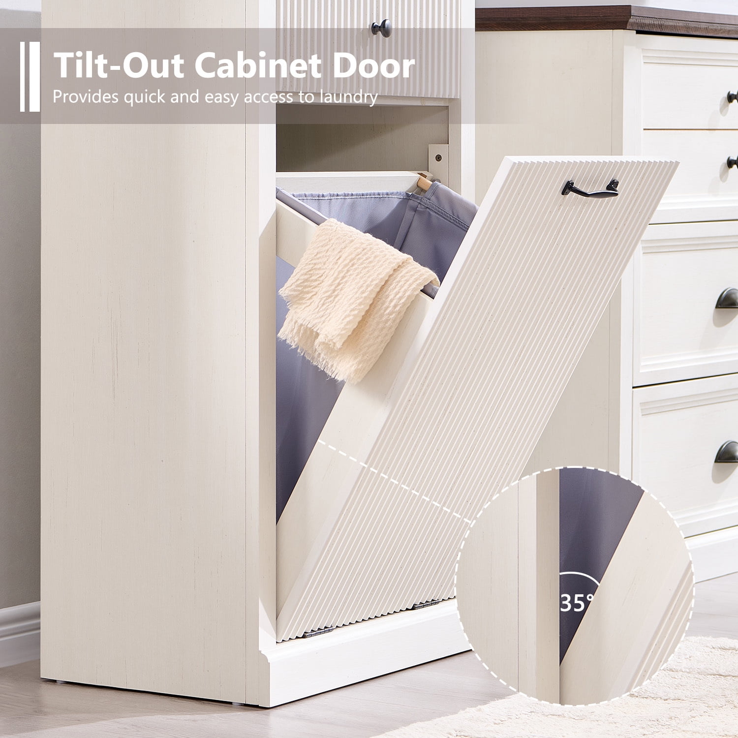 10 Gallon Tilt-Out Trash Can Cabinet, Modern Laundry Hamper Cabinet with Drawers, Hidden Garbage Can Cabinet for Kitchen and Living Room