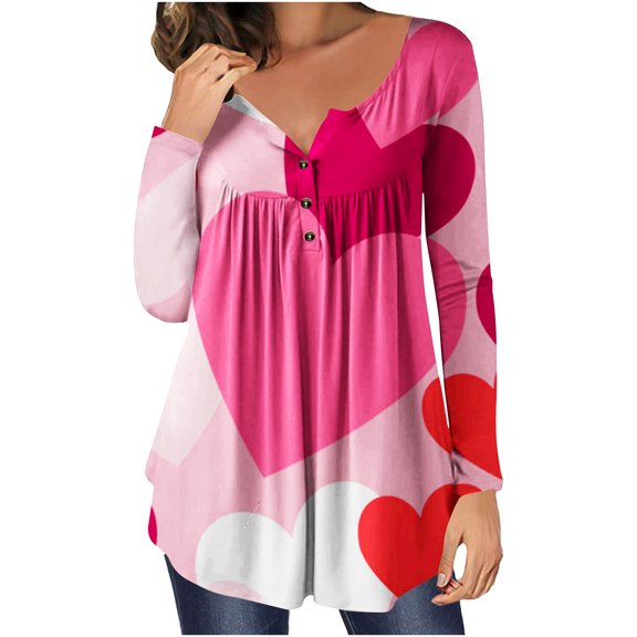 Luxalzxs Valentines Day Shirts Women Casual Red Love Heart Printed Pullover V-Neck Long Sleeve Buttons Blouse Tops