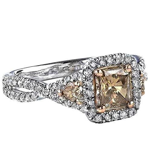 HeartsAndYou 2.5ct Princess Cut Champagne Moissanite Halo Split Shank Ring 18k Dual Gold over Silver