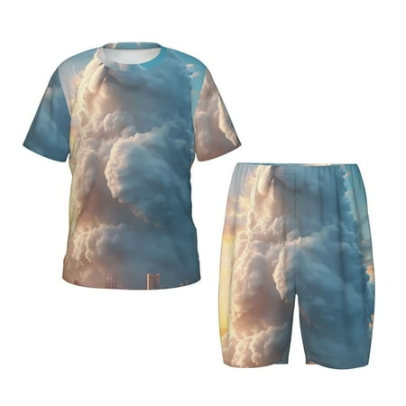 Luyuia Cute Cloud Cat Print Girls  2-Piece Tie-Dye Pajama Set  Cute Summer Loungewear with Shirt and Tank Shorts Nightwear-Medium
