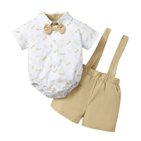 

Mikrdoo Newborn Boys Gentle Outfits Beard Print 6 Months Baby Boys Bow Tie Summer 12 Months Baby Boys Romper Straps Suspender Shorts 2Pcs Clothes Set Kakhi
