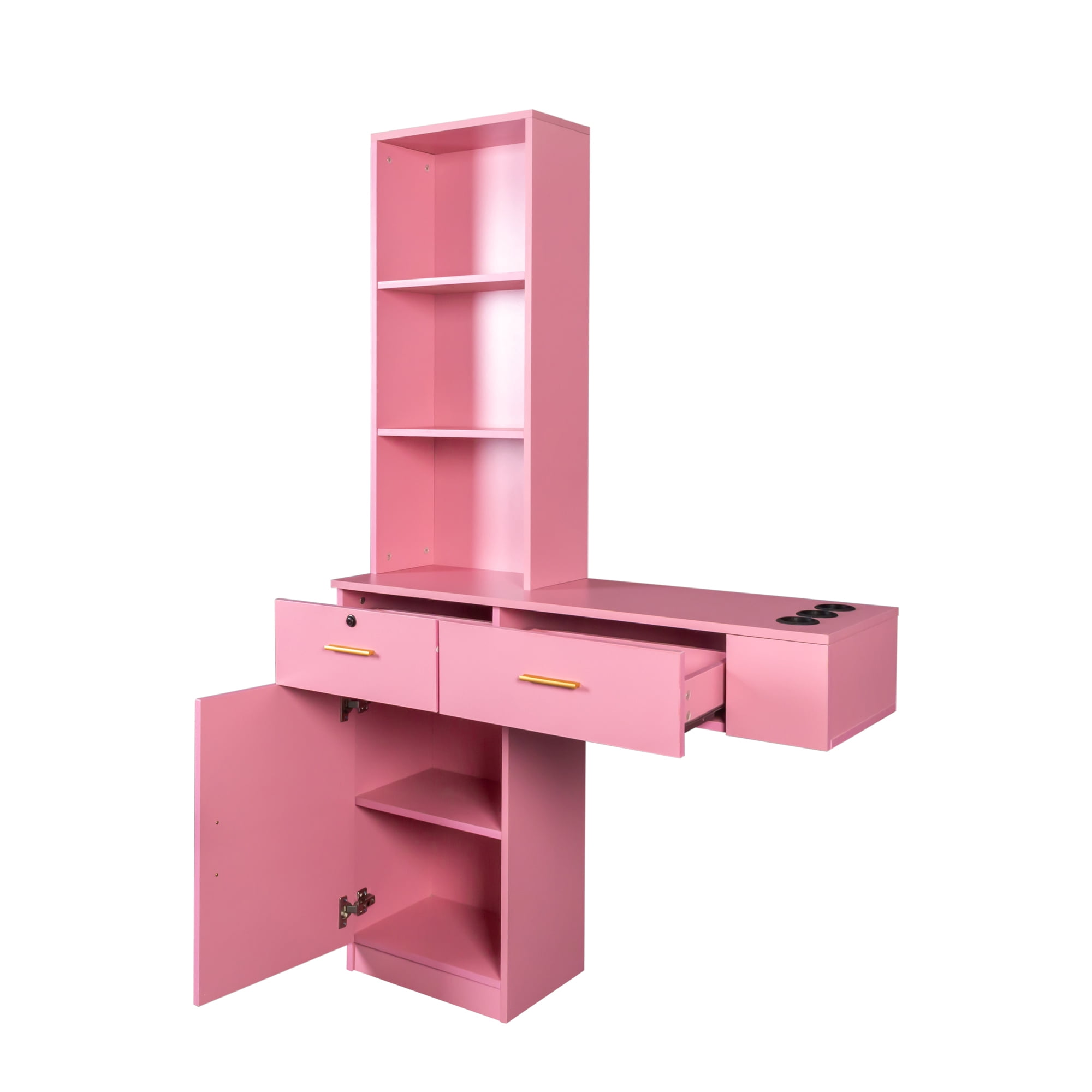 Modern Vanity Desk with Lights Makeup Vanity Dressing with Mirror Large Storage Space Pink