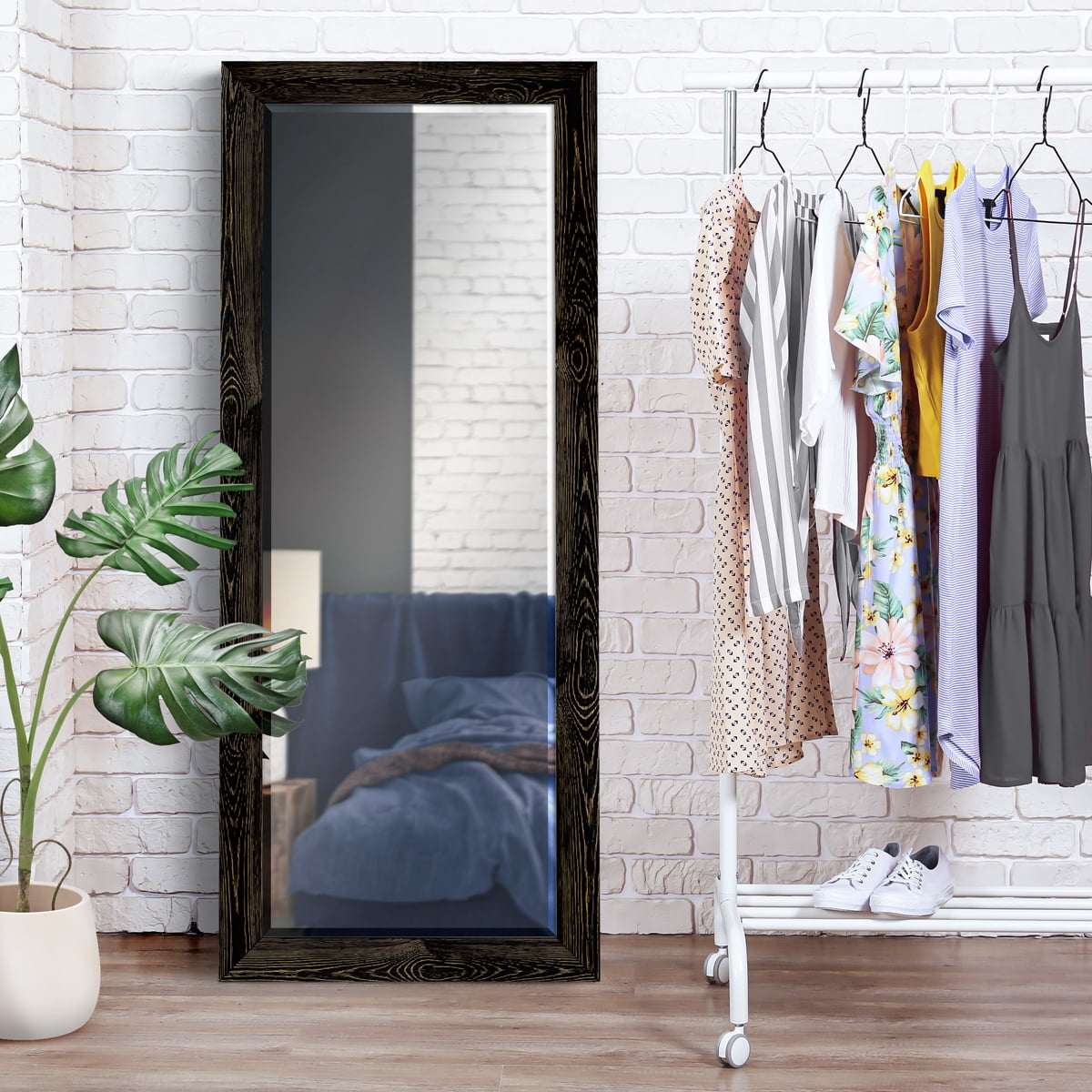 Beveled Edge Framed 25 in. W x 61 in. H Rectangle Wood Black Mirror