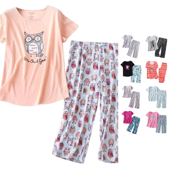 CUZIBR Pajamas For Women Set Cartoon Animal Print Round Neck Short Sleeve Top Matching Capri Pants Two Piece Sleepwear Set,Red
