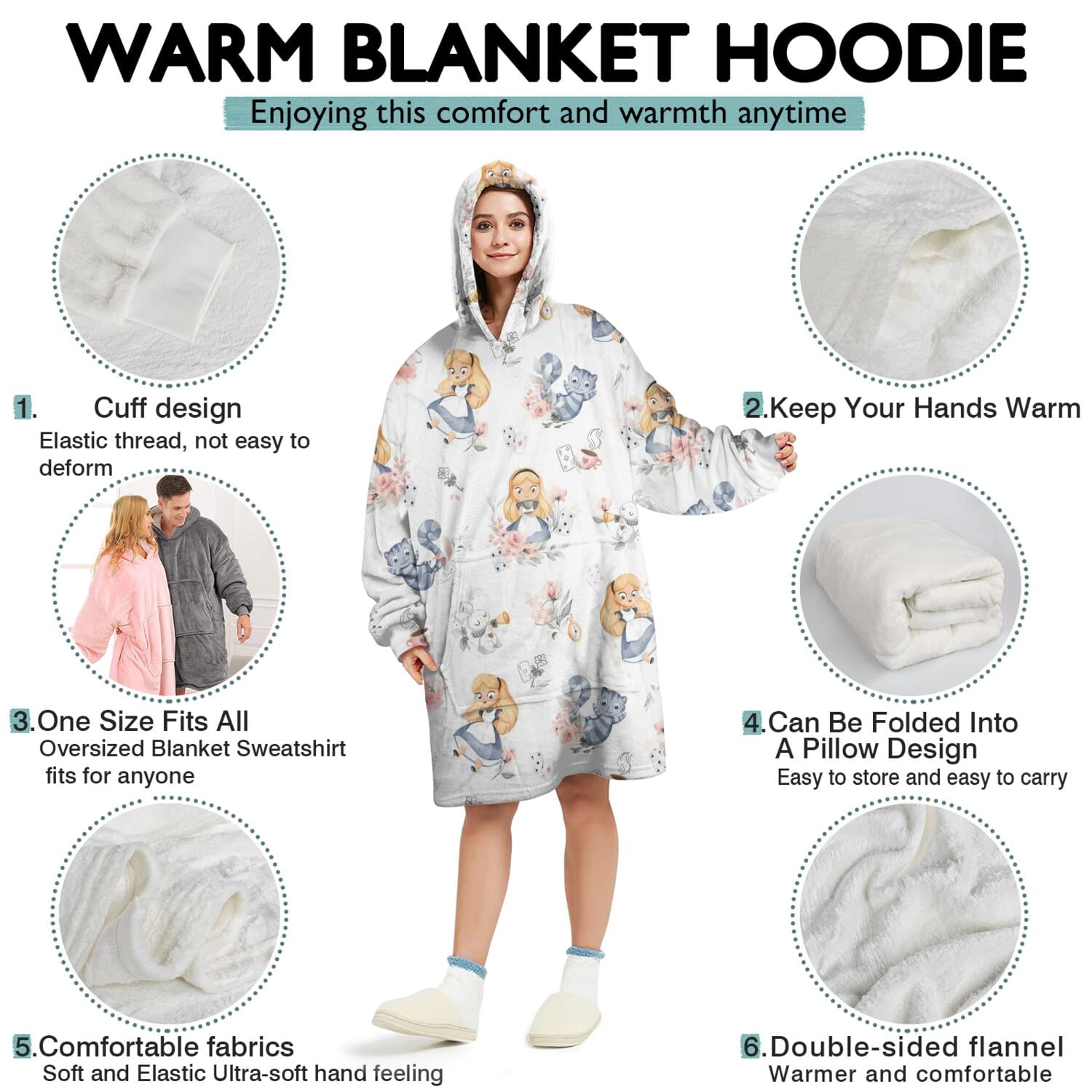 Wearable Oversized Blanket,Princess and Cat Pattern Wearable Blanket Hoodie for Adults,Cozy Hooded Blankets with Super Pockets,Super Warm Fuzzy Pullover for Women & Men