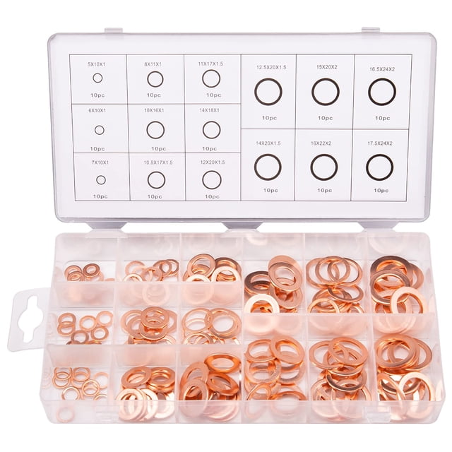 Toolwiz 150PCS 15 Sizes Copper Washers Metric Sealing Assortment Set Flat Ring Sump Plug Crush Wash