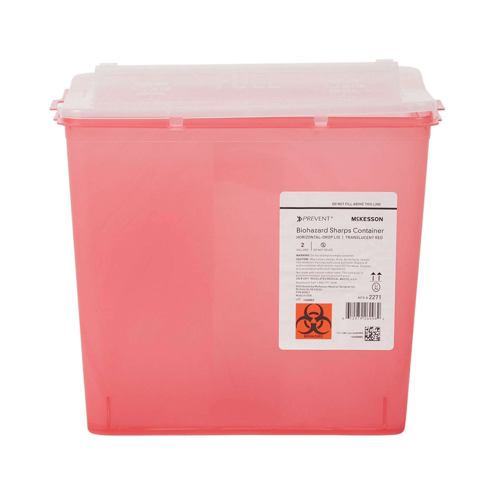 McKesson Prevent Biohazard Sharps Container, Plastic, 2 gal, 7 in x 10.2 in, 1 Ct