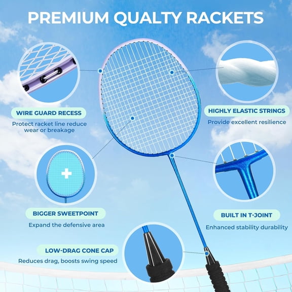 Badminton Rackets Set for Backyards, Lightweight Set of 4 with Rackets, Birdies, Carrying Bag - Great for Adults, Family, Kids & Beginners
