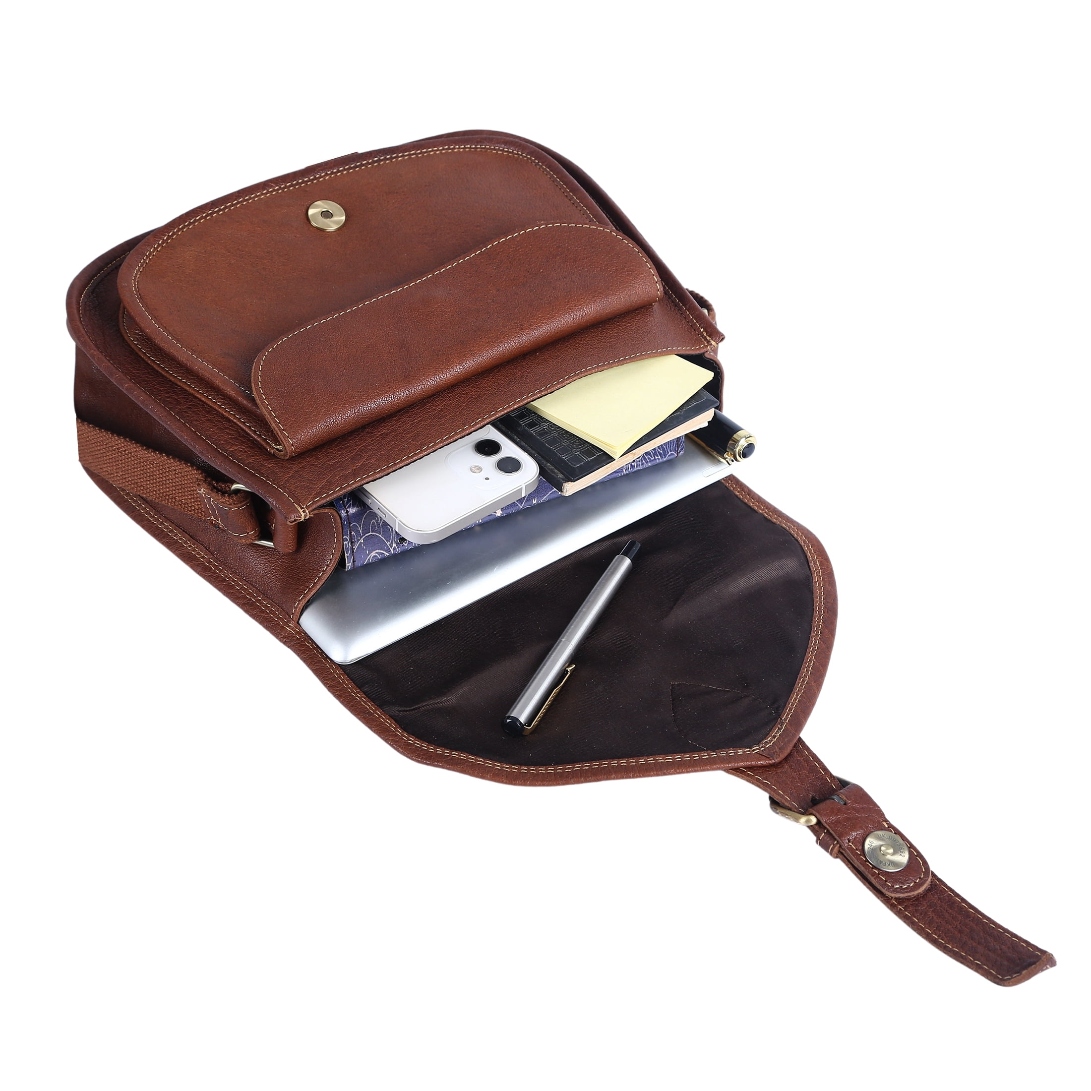 12-Inch Full-Grain Leather Crossbody Tote Bag for Women, Vintage Shoulder Purse with Multiple Pockets