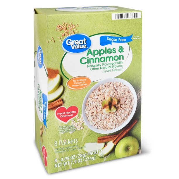 Great Value Instant Oatmeal, Sugar Free Apple & Cinnamon, 0.99 oz, 8