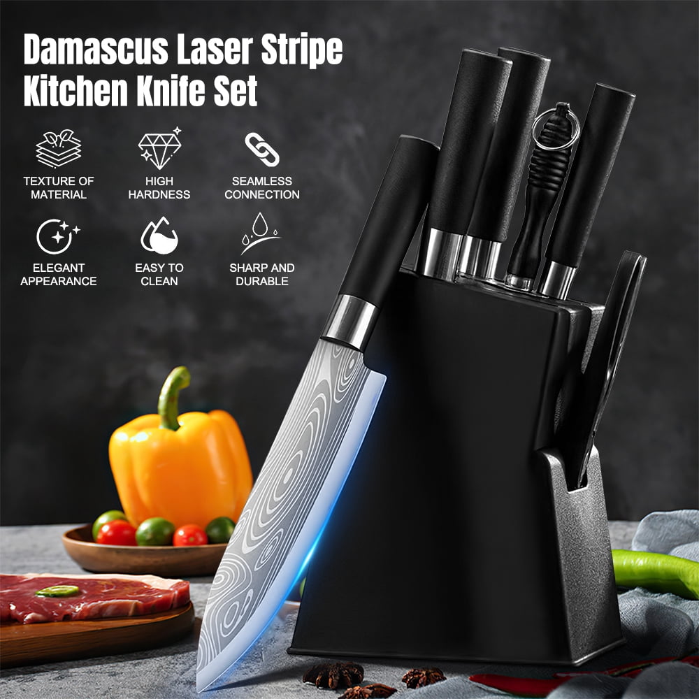 MDHAND 7-Piece Kitchen Knife Set with Block, Damascus Pattern Stainless Steel