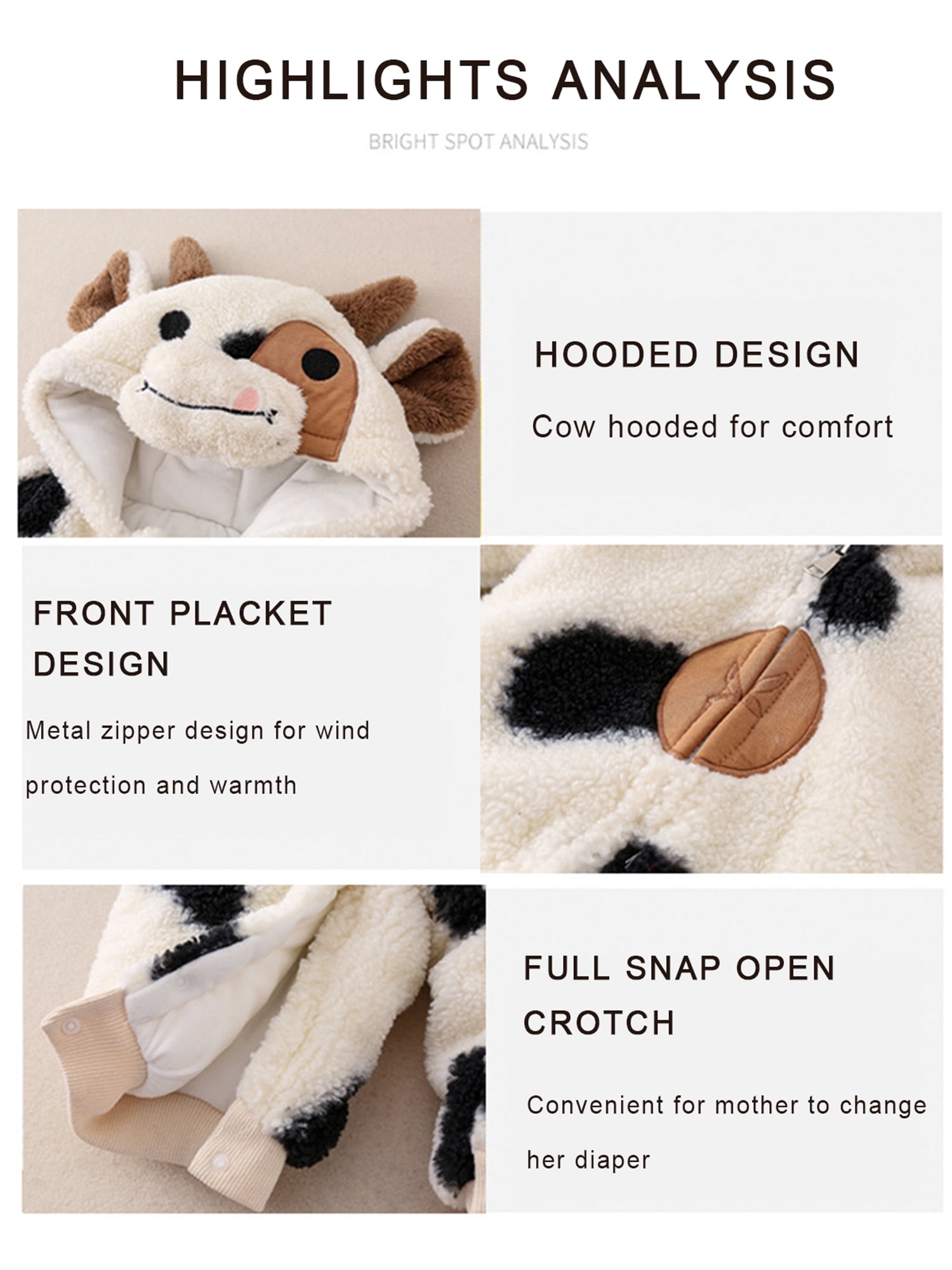 Baby Girls Boys Cow Hoodie Plush Jumpsuit Long Sleeve Cartoon Cow Zipper Romper Halloween Cow Costume Winter Clothes