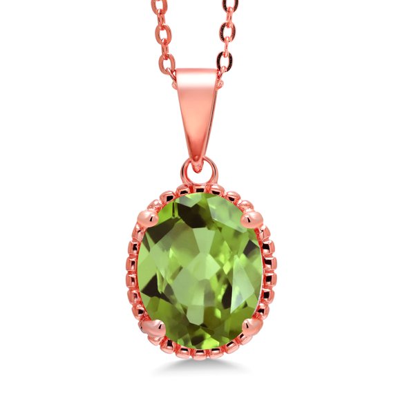 Gem Stone King 18K Rose Gold Plated Silver Green Peridot Pendant Necklace for Women (3.00 Cttw, Oval 11X9MM, Gemstone August Birthstone, with 18 inch Silver Chain)