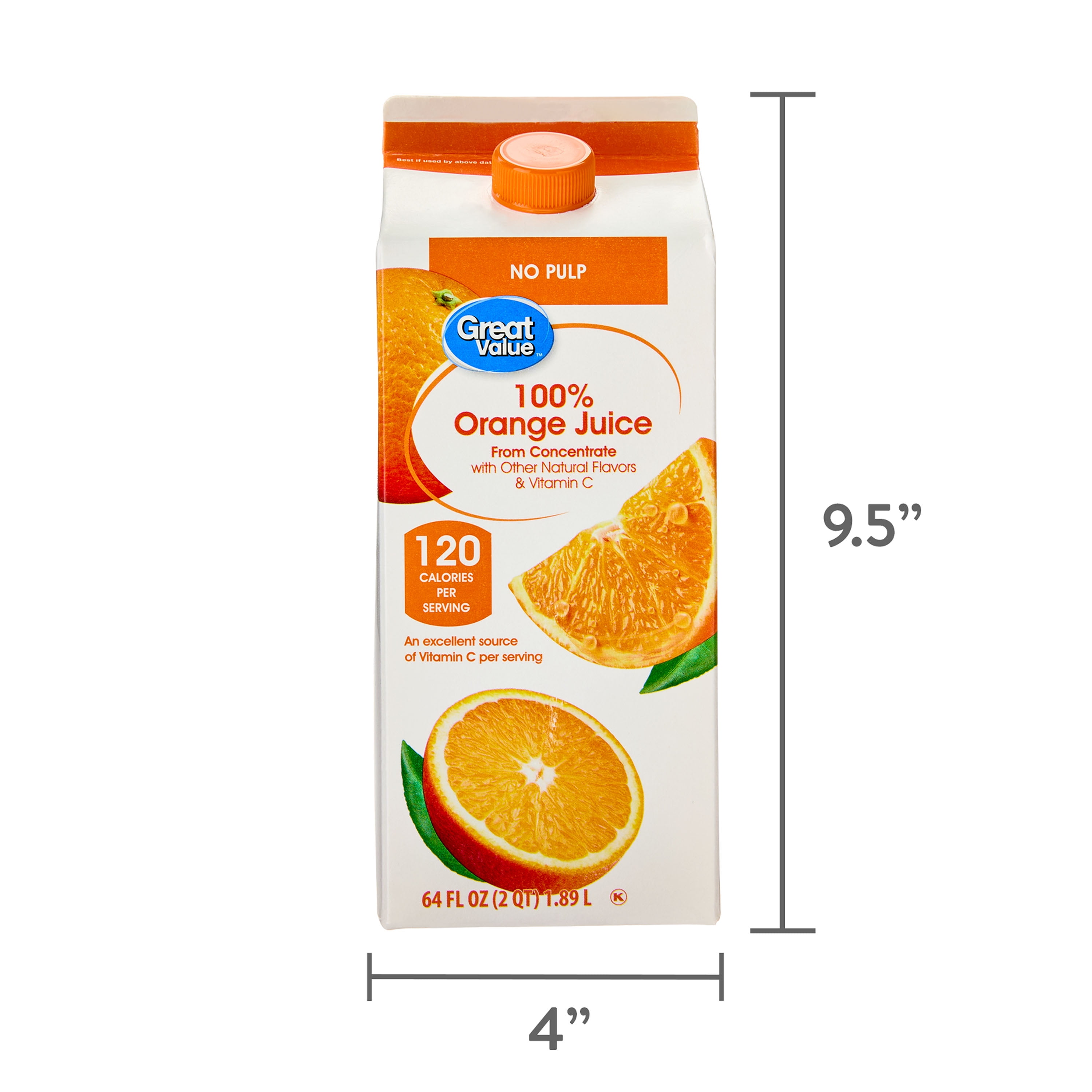 Great Value 100% Orange Juice from Concentrate, No Pulp, 64 fl oz