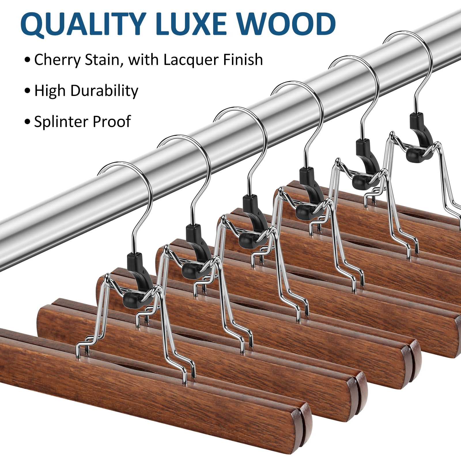 BagDream 12 Pack Wooden Pants Hangers with Clips, Smooth Finish Solid Wood Non Slip Skirt Hangers Jeans Slack Clamp Hanger, Walnut
