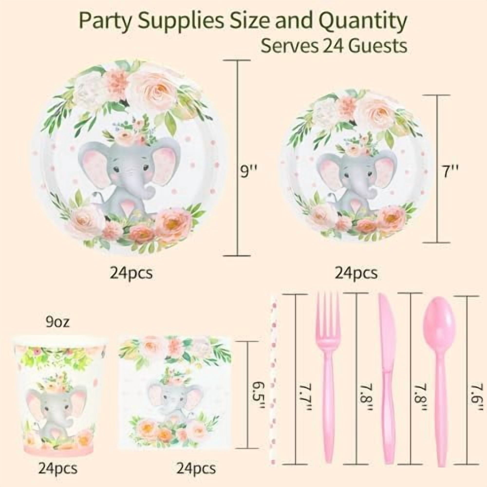 192 Pcs Elephant Baby Shower Plates and Cups and Napkins Sets Serve 24 Guests Pink Elephant Baby Shower Decorations Gender Reveal Themes Party Supplies Decor Birthday Paper Tableware Girl