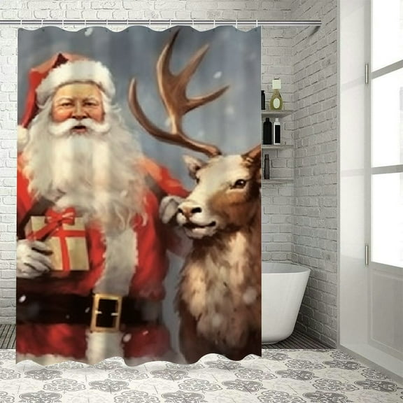 Autua Santa Claus Reindeer Christmas Bathroom Decor Set with Hooks, Graphic Print Polyester Stylish Shower Curtain Set, Waterproof Christmas Theme Bathroom Curtain with Rings 36"x72