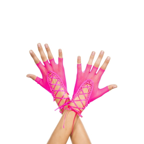 Lace up wrist length fishnet fingerless gloves 413-HOTPINK