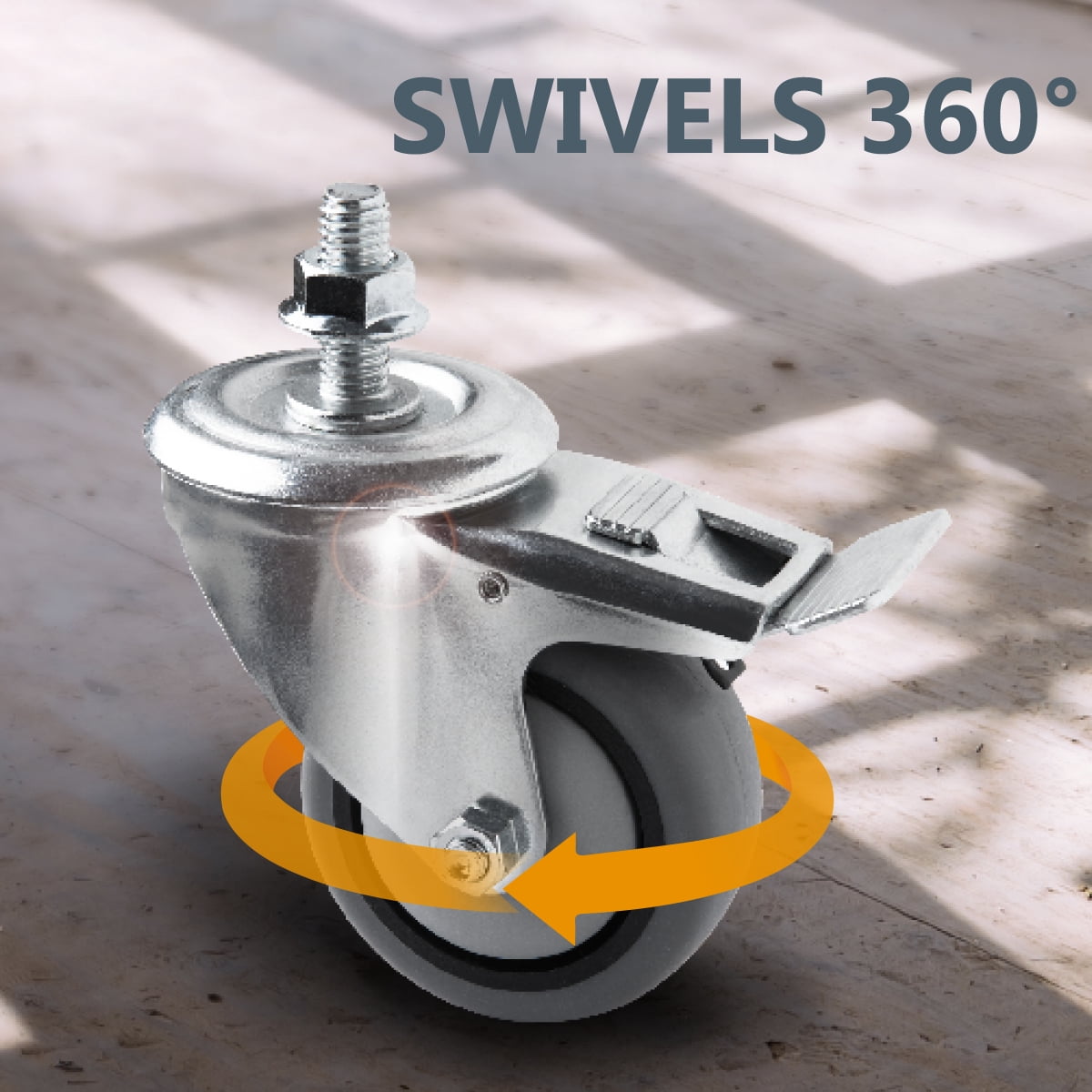 POWERTEC 4PK 3" Threaded Stem Caster Wheels with Brake & 600lbs Loads, Heavy Duty 1/2"-13 x 1-3/8" Stem Casters, Dual Locking TPR Rubber Castor Wheels for Furniture, Cart, Dolly & Workbench, 17201