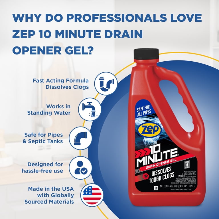Zep Commercial Strength Drain Opener Gel, Safe for All Pipes, 64oz